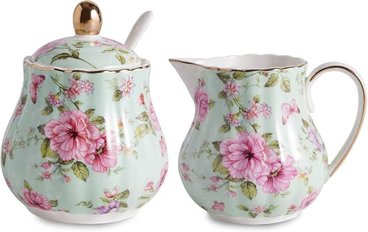 Ceramic Sugar and Creamer Set, 3 Piece Set with Cream Pitcher, Sugar Bowl, Sugar Set with Lid and Spoon (Green)