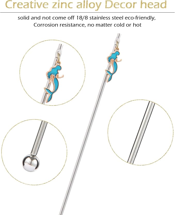6 Pcs Cocktail Stirrers Swizzle Sticks Stainless Steel 7.5" Coffee Beverage Stir Sticks with Mermaid Charms Pendants for Mixing Cocktail