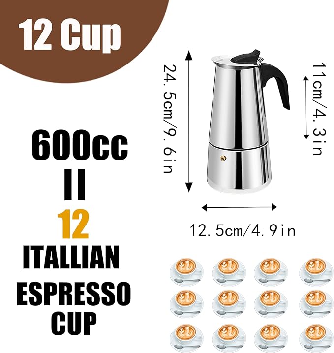 DITOSH 12 Cup Stovetop Espresso Maker Stainless Steel Moka Pot Stove Top Percolator Italian Coffee Makers Capable Mocha Greca Machine Cafe Classic Induction Cookers for Home and Camping 600ml 20oz