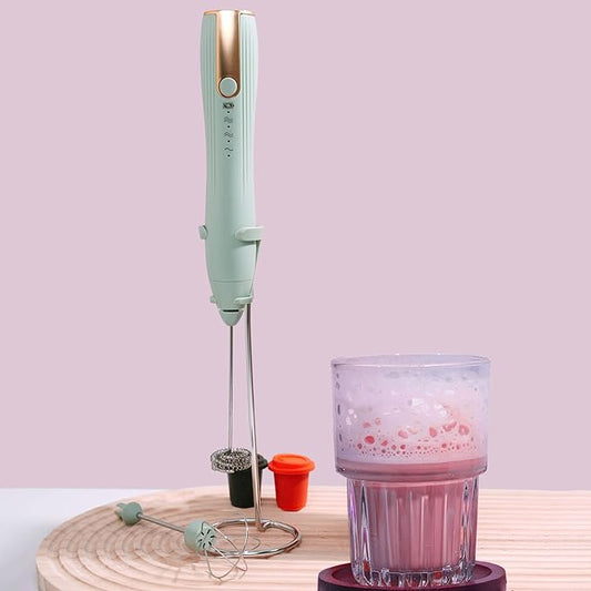 Rechargeable Milk Frother Handheld with Stand, Coffee Foam Frother Wand, Detachable Stainless Steel Whisk Drink Mixer for Coffee, Cappuccino, Lattes, Frappe, Matcha,Egg and Hot Chocolate, Green