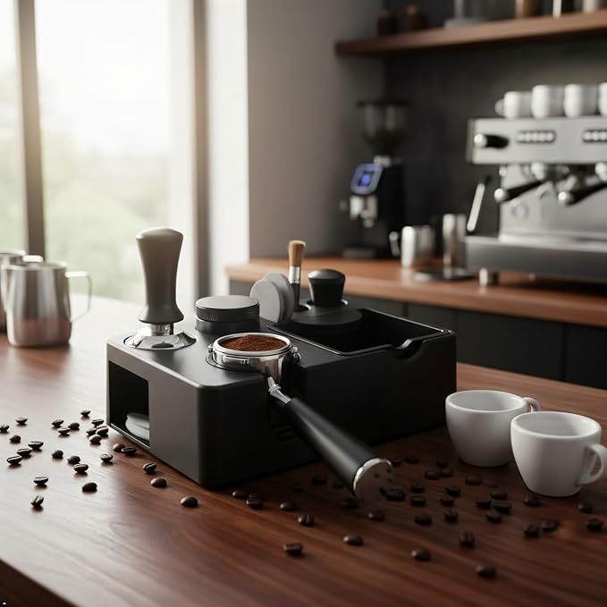 Espresso Tamping Station 10-in-1 - Knock Box Organizer for 51-58mm Portafilter (Black)