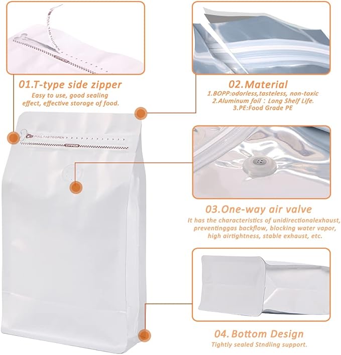 REMTAP Coffee Bags with Valve(100pcs,16oz) White High Barrier Aluminumed Foil Flat Bottom Standing Coffee Beans Storage Bags,Reusable Heat Sealable Side Zipper Pouches for Home or Store