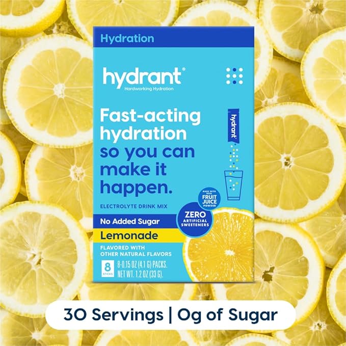 Hydrant - Hydration Powder, Lemonade Flavor, 8 Individual Sugar-Free Instant Electrolyte Rehydration Packets - Zero Sugar Drink Mix for Daily Use, Travel & Workouts
