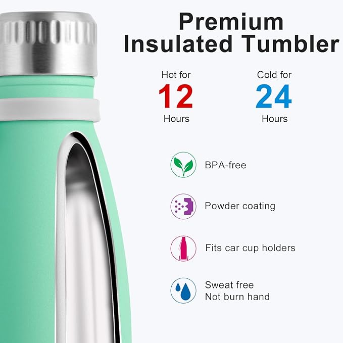 koodee Insulated Water Bottle 2 Pack -17 oz Stainless Steel Double Wall Vacuum Insulated Water Bottle, Cola Shape Leak Proof Sports Flask (White-Aquamarine Blue)