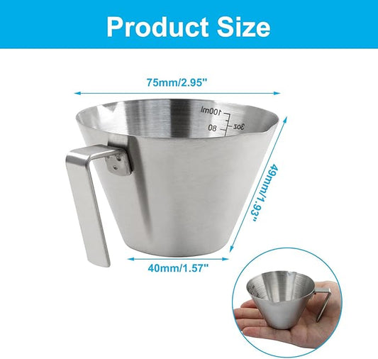 Piutouyar 100 ml / 3.4 oz Stainless Steel Espresso Cups, Double Spout Espresso Measuring Cup with Handle, Dual Scale Metal Espresso Shot Cup Pouring Cup