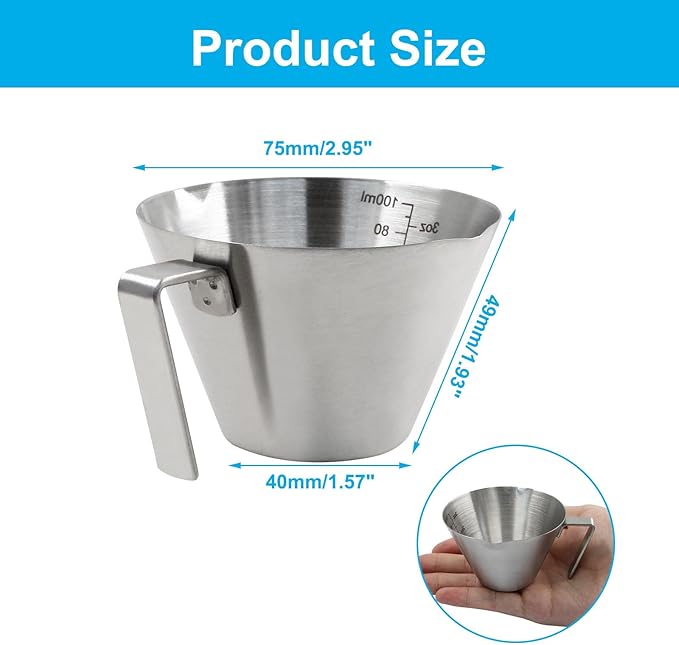 Piutouyar 2 Pcs 100 ml / 3.4 oz Stainless Steel Espresso Cups, Double Spout Espresso Measuring Cup with Handle, Dual Scale Metal Espresso Shot Cup Pouring Cup