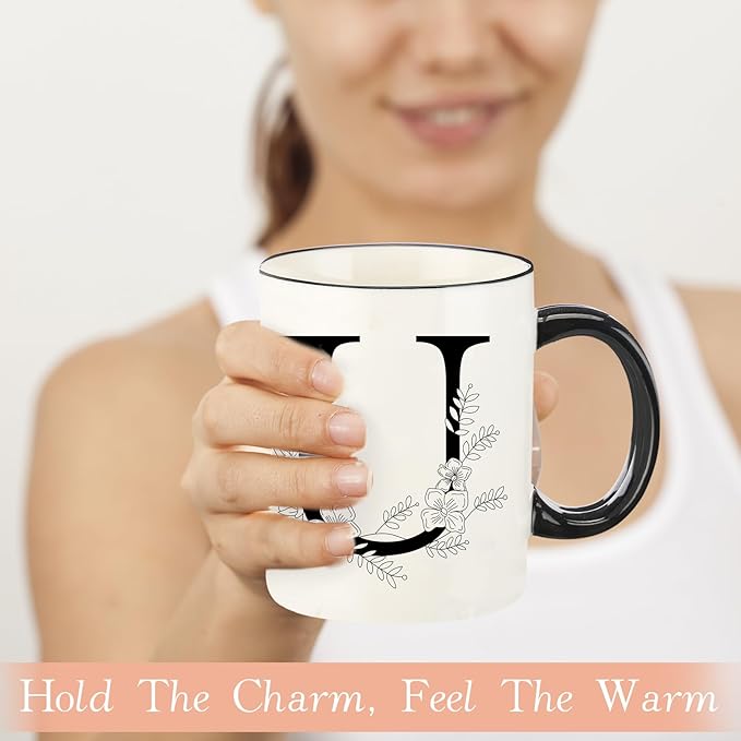 Monogram Ceramic Coffee Mugs, 11 oz Initial Drinking Cup with Gift Box, Unique Birthday Valentines Day Gifts for Women Wife Mothers Day Grandma Mom Aunt, U