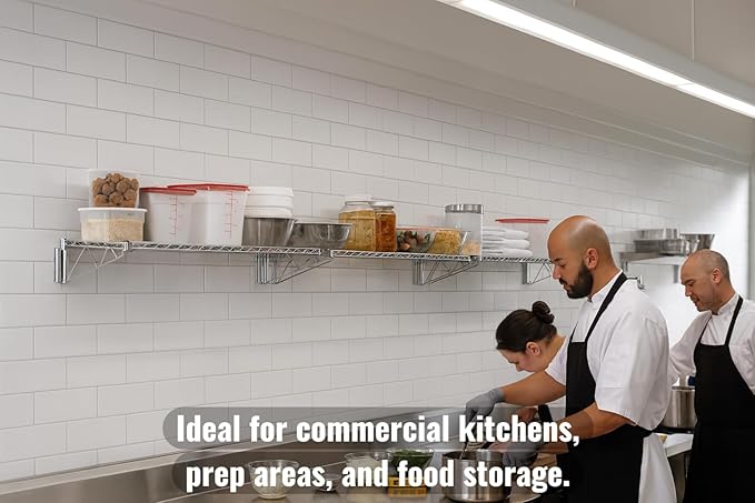 12" x 60" Chrome Wall-Mounted Wire Shelf with Epoxy Coating, Heavy-Duty Steel Storage Rack, NSF Certified, Easy Installation, Open Wire Design for Kitchen, Garage, or Utility Storage