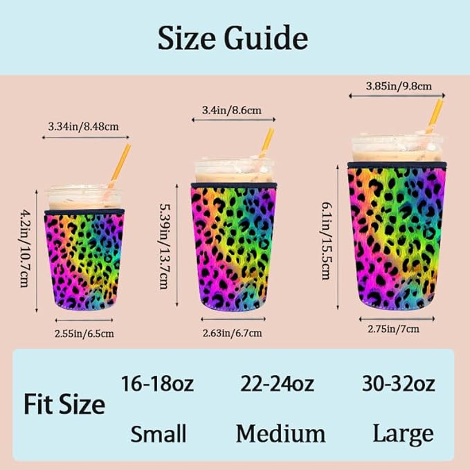 Rainbow Leopard Iced Coffee Sleeve Set Rainbow Leopard Iced Coffee Sleeve Set of 3 Colorful Neon Animal Print Insulated Coffee Sleeve for Women & Gifts Fits S/M/L 3-Pack