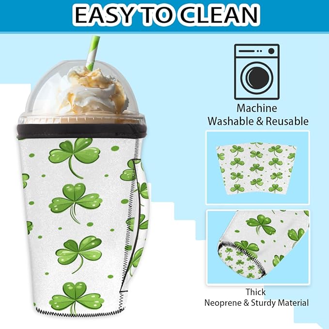 Luck Shamrock Clover Reusable Coffee Sleeves Iced Coffee Cozy Insulator, St Patricks Day Neoprene Holder with Handle for Cold Coffee or Ice Drink, Small 16-18oz