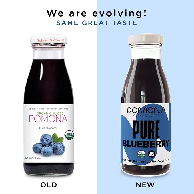 Pomona Organic Juices Pure Blueberry Juice, Cold Pressed Organic Juice, Non-GMO, No Sugar Added, Not from Concentrate, Gluten Free, Kosher Certified, Preservative Free, 8.4 Ounce (Pack of 12)