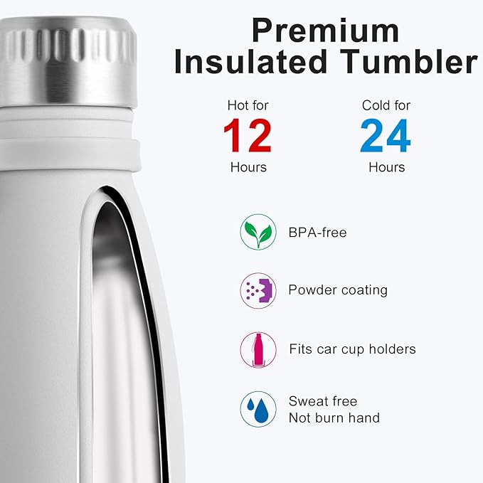 koodee Water Bottle-17 oz Stainless Steel Double Wall Vacuum Insulated Water Bottle for Back to School, Cola Shape Leak Proof Sports Bottle for School(White)