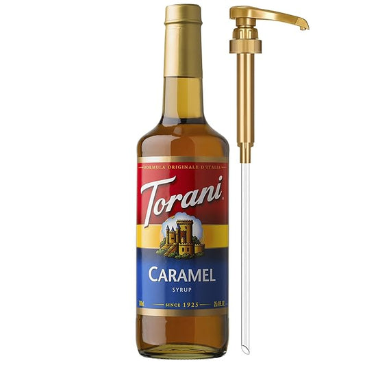 Torani Caramel Coffee Syrup for Drinks & Desserts, Glass Bottle with Pump Included, 25.4 Fl Oz