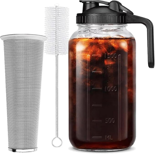 HomeCheer 64 oz (2 Quart), Black Cold Brew Coffee Maker, Iced Tea Machines, Thick Glass with Pour Spout Handle Lid, Stainless Steel Filter for Iced Coffee, Fruit Drinks or Sun Tea (1)