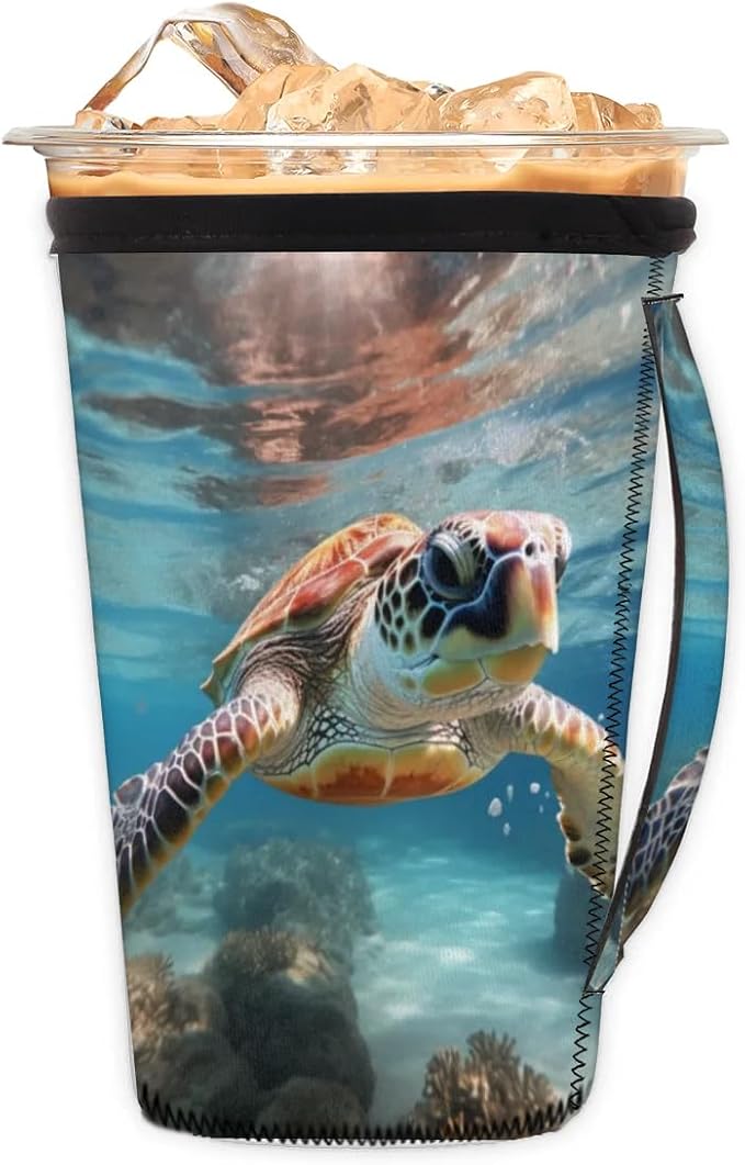 Reusable Iced Coffee Sleeve with Handle, Ocean Turtle Neoprene Cup Sleeve Hawaiian Sea Turtle Insulator Cup Holder for Cold Drinks Beverages 30oz - 32oz