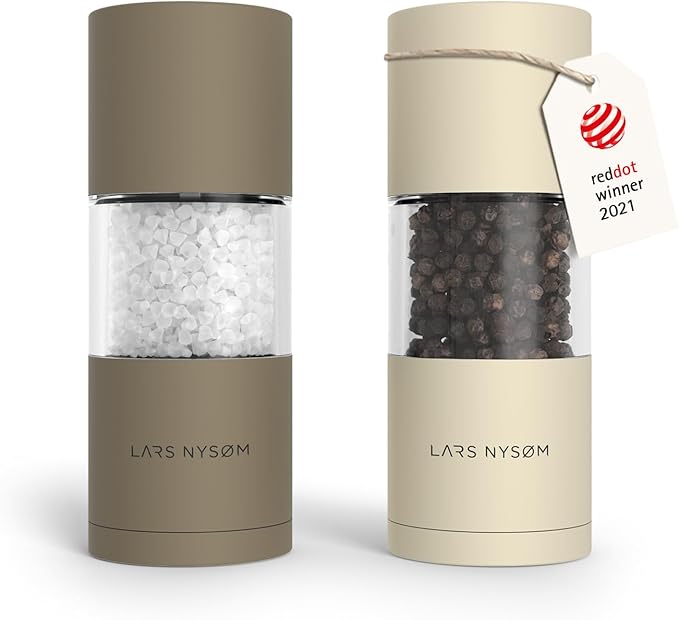 LARS NYSØM Salt and Pepper Grinder Set, Manual Salt and Pepper Mills with Adjustable Ceramic Grinder, Design Spice Shaker Set (Brown/Beige)