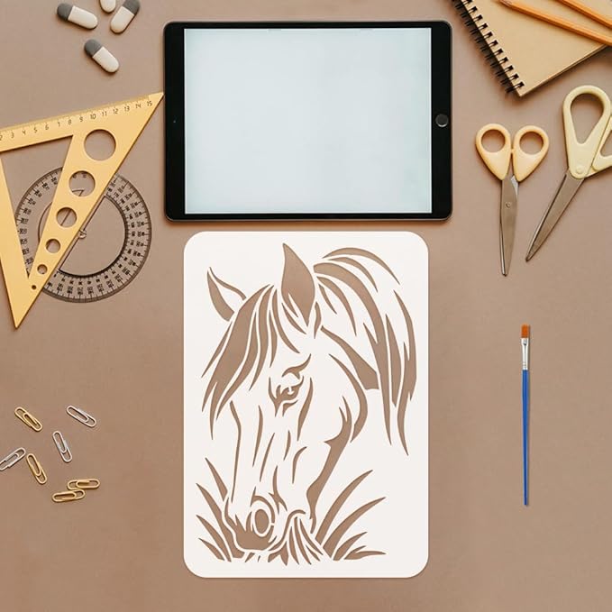 FINGERINSPIRE 4PCS Horse Head Stencils with 1Pc Brush 8.3x11.7inch Traditional Horses Pattern Stencil Template Animal Horses Head Stencils for Painting on Wood Wall Furniture DIY Home Decoration
