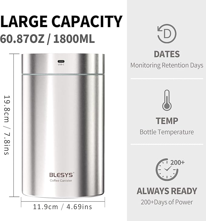 Smart Vacuum Coffee Canister, Automatic Stainless Steel Food Storage Container, LCD Monitoring, One-touch Freshness, Date Tracker, Extra-long Standby Time, holds 20oz Coffee Beans (Silver, 1.8L)