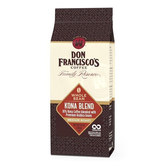 Don Francisco's Kona Blend Whole Bean Coffee, Medium Roast – 100% Arabica Coffee, 10 oz Bag