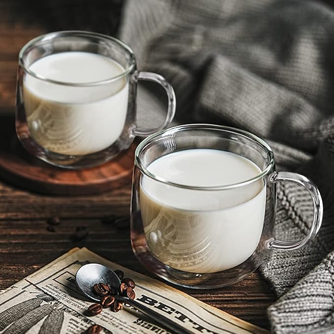 Double Wall Glass Coffee Mugs 16oz Set of 2 Insulated Clear Tea Cups with Handle, Perfect for Espresso, Latte and Cappuccinos