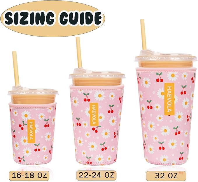 Reusable Insulated Neoprene Iced Coffee Cup Sleeve, Durable Drink Sleeve for Cold Beverages, Beverage Holder for Iced Coffee, Cherry Daisies