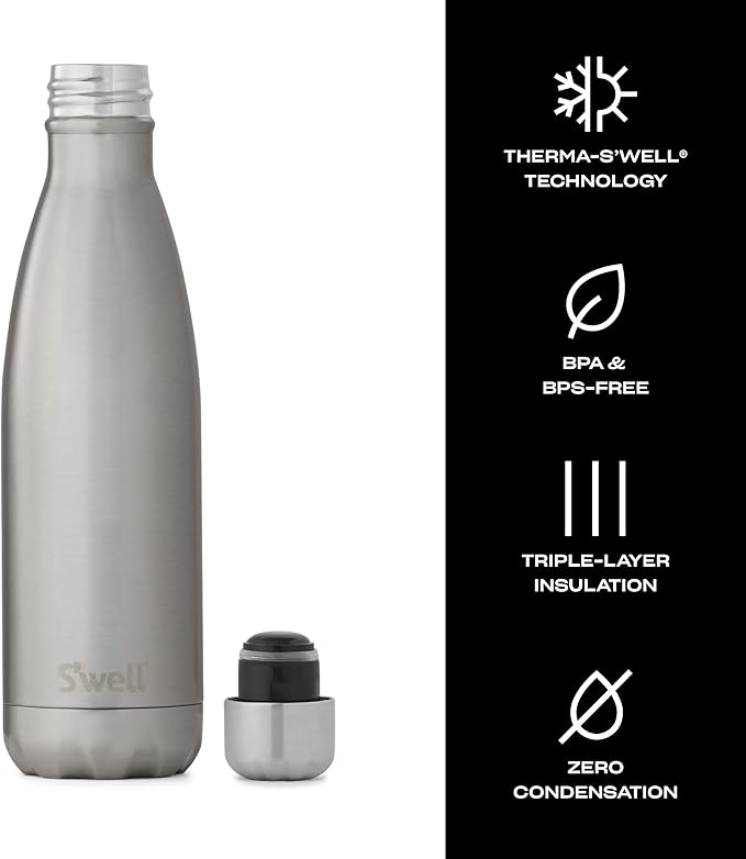 S'well Stainless Steel Water Bottle - 17 Fl Oz - Silver Lining - Triple-Layered Vacuum-Insulated Containers Keeps Drinks Cold for 36 Hours and Hot for 18 - BPA-Free - Perfect for the Go