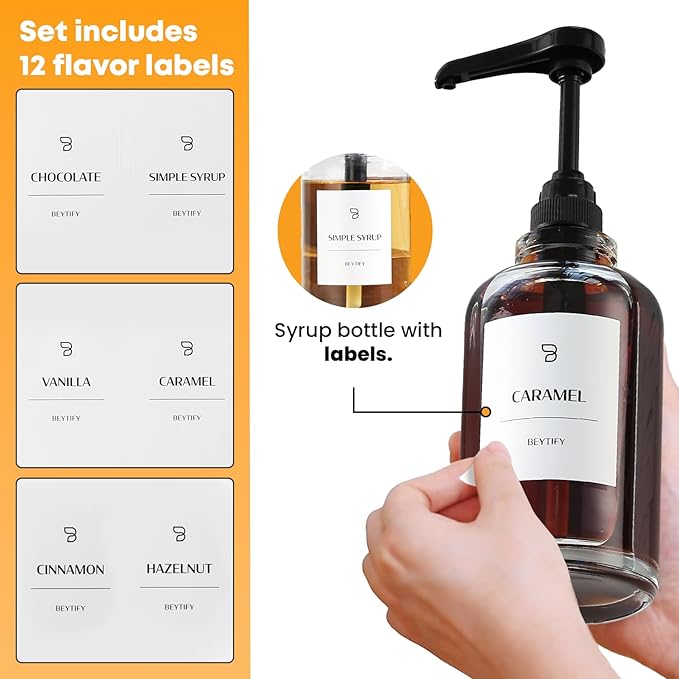 BEYTIFY Glass Coffee Syrup Dispenser Set | Glass Syrup Bottles with Pump Tops & 12 Labels | Refillable Leak-Proof Dispensers for Coffee Bar, Vanilla Caramel Hazelnut Syrups | Clear Glass, 2 Pack (16.9oz/500ml)