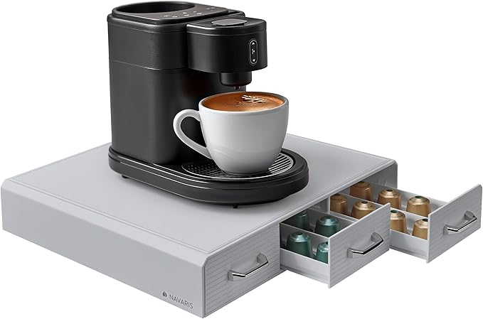 Navaris Coffee Capsule Triple Drawer - Coffee Pod Storage Drawer - Space-Saving Coffee Pods Organizer for Your Kitchen - Coffee Holder for Countertop - Fits Up to 48 Cups -Gray