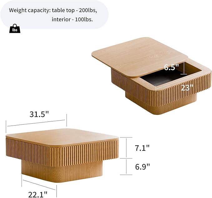 SZTHHDF Square Coffee Table for Living Room,Fluted Drum Accent Tea Center Table with Storage,Solid Wood Modern Coffee Tables for Small Space Office Apartment (31.5" L×31.5''W×14''H-Natural)