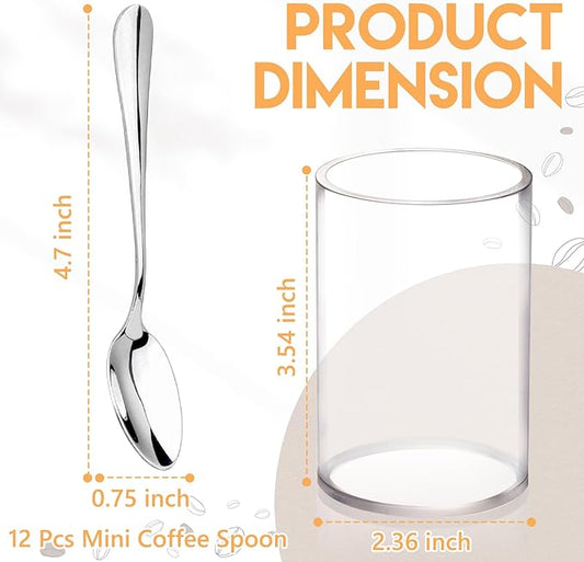 12 Pcs Mini Coffee Spoons with Holder 4.7 inch Demitasse Espresso Stainless Steel Spoon Tea Spoons set of 6 with Acrylic Cylinder Holder Small Coffee Spoon Silver for Cafe Bar Tea Party Home