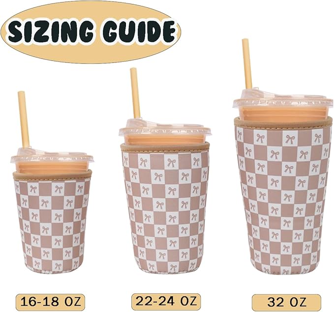 Reusable Insulated Neoprene Iced Coffee Cup Sleeve, Durable Drink Sleeve for Cold Beverages, Beverage Holder for Iced Coffee, Caramel Checkered Bows
