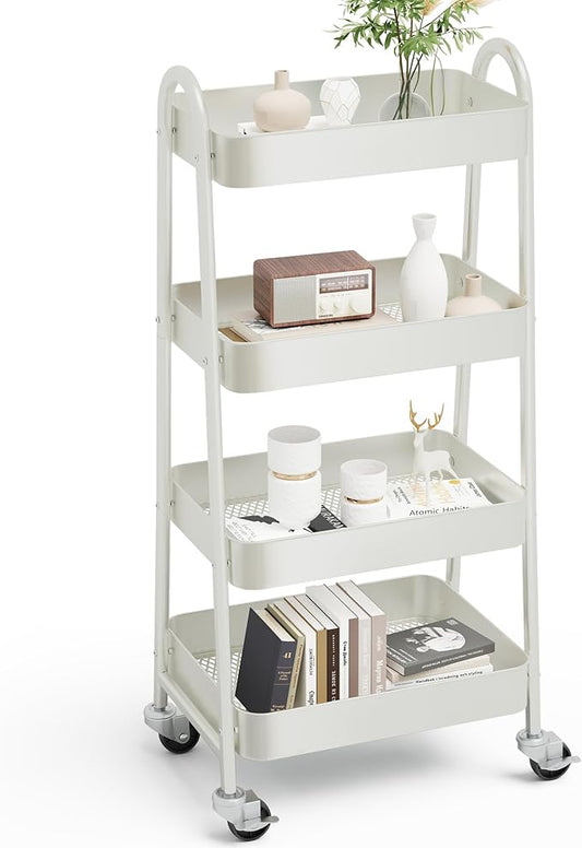 OLIXIS 4 Tier Utility Rolling Cart, Metal Mobile Storage Shelf with Lockable Caster Wheels, Organization for Livingroom, Bathroom & Narrow Places, 4-Tier White