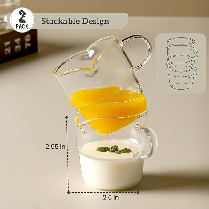 NETANY 6 OZ Espresso Cups Set of 2, Double Spouts Stackable Cups, Espresso Shots Glass Mugs with Handle, Machine Accessories for Coffee Bar, Cute Clear Glasses for Gift