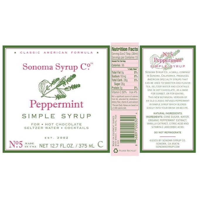 Sonoma Syrup Co. Peppermint Infused Simple Syrup 12.7 fl oz | for Coffee, Cocktails, and Cooking | Hand Crafted in the USA