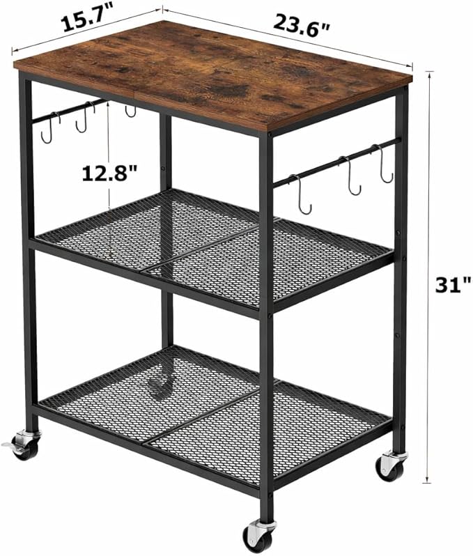 3-Tier Rolling Kitchen Microwave Cart, Kitchen Utility Cart on Lockable Wheels, Coffee Bar Table Station with 6 S-Shaped Hooks, Small Appliance Storage Shelf, Rustic Brown and Black