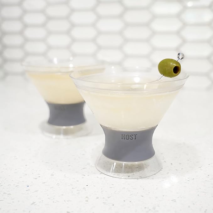Host Freeze Insulated Martini Cooling Cups, Plastic Freezer Gel Chiller Double Wall Stemless Cocktail Glass Set of 2, 9 oz, Grey