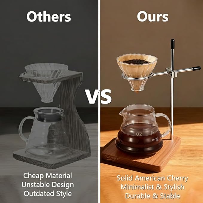COZYGIFT Pour Over Coffee Stand with Solid Cherry Base, Adjustable Coffee Dripper Stand, Wooden Brewing Station, Cone Holder, Elegant Gift for Brew Enthusiasts, Home Barista & Kitchen Décor