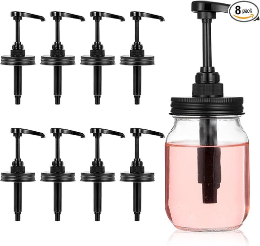 8 Pack Mason Jar Syrup Dispenser Pump Lids Coffee Syrup Dispenser for Regular Mouth Mason Jar Rustproof Plastic Pump for Honey, Liquid Condiments, Ketchup, Coffee Glaze