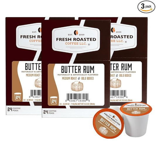 Fresh Roasted Coffee, Butter Rum, Flavored Coffee Pods, 72 Count