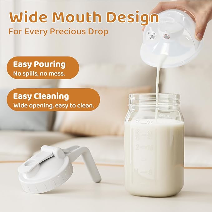 Breast Milk Pitcher, Mason Jar 32 oz, Heavy Duty Wide Mouth Jar with White Flip Cap Lid and Pour Spout, Airtight Seal for Freshness and Convenience, Formula Pitcher Great for Cold Beverages