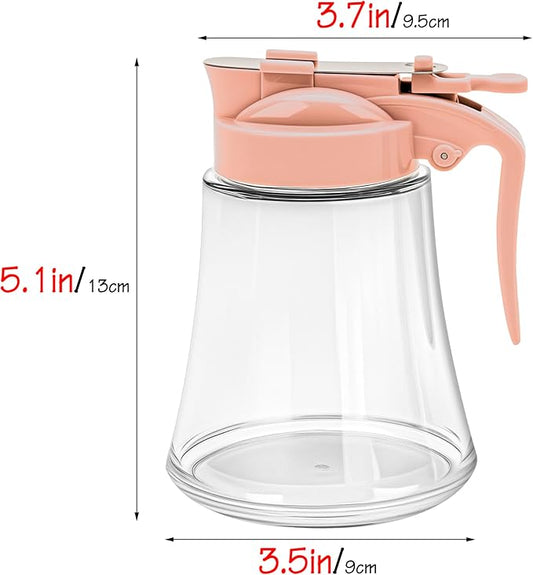 12 Oz Syrup Dispenser, No-Drip Pourers for Maple Syrup, Oil Dispenser Bottle with Non-Slip Handle, Honey Jar & Sirop Container, Reusable Syrup Bottle for Kitchen (Pink)