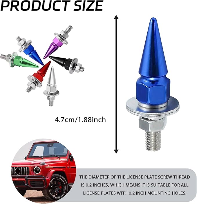 4 PCS License Plate Screws, Spike Anti Theft Motorcycle License Plate Screws Bolts Set, Aluminum Security Fasteners Kit for Car Truck Motorcycle Plate Frames, Car Decorative Accessories (Blue)