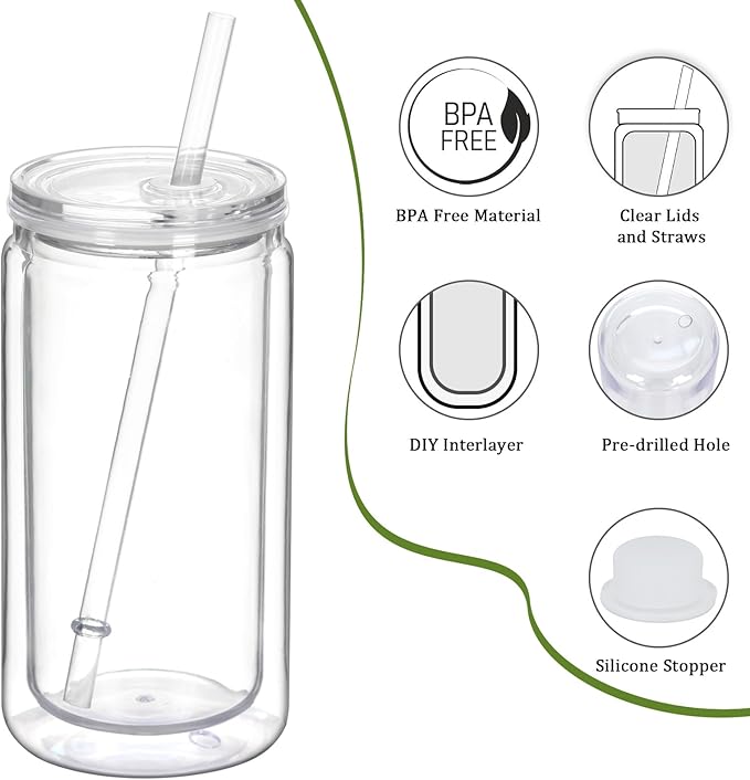 16 Oz Plastic Snow Globe Tumbler with Lid and Straw, 6 Pack Double Wall Pre Drilled Plastic Mason Jar Cups Can for Snow Globe Glitter DIY Gift(Clear)