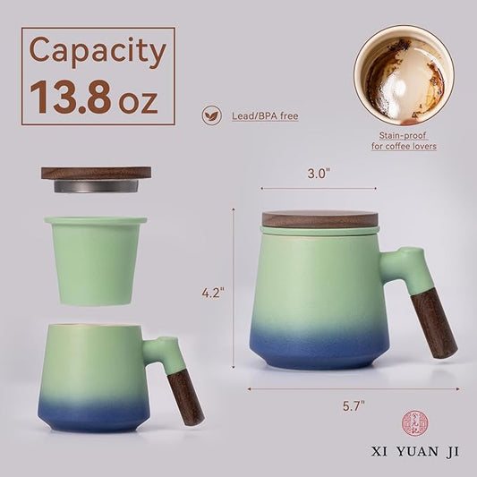 Ceramic Tea Mug with Infuser & Lid, 14oz Kiln-Transformed Unique Cup – Nature's Artisan Design, Loose Leaf Tea Cup with Infuser, Insulated Ceramic Coffee Mugs with Lid, Gift for Women/Men