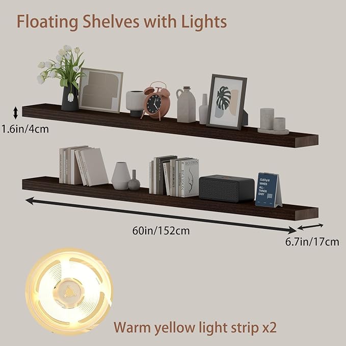 60 inch LED Gaming Floating Shelves for Wall,Solid Wood Long Wall Shelves Set of 2 with Light for Gaming Room,Walnut Rustic Wall Mounted Shelves for Living Room Bedroom Kitchen Garage