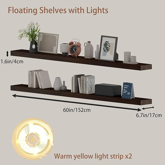 60 inch LED Gaming Floating Shelves for Wall,Solid Wood Long Wall Shelves Set of 2 with Light for Gaming Room,Walnut Rustic Wall Mounted Shelves for Living Room Bedroom Kitchen Garage