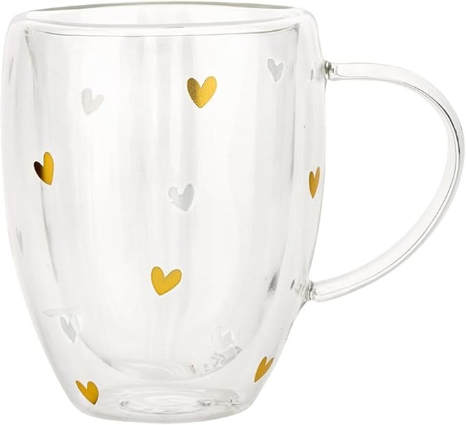 Gift Tea Cups Insulated Double Walled Glass Coffee Mug, 12-Ounce, Gold Hearts