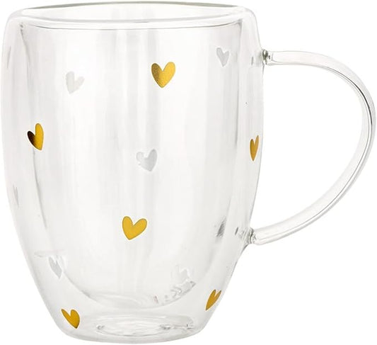 Gift Tea Cups Insulated Double Walled Glass Coffee Mug, 12-Ounce, Gold Hearts