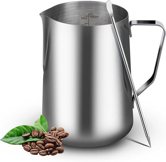 18oz Milk Frothing Pitcher with Latte Art Pen-Stainless Steel Steaming Jug for Espresso, Cappuccino & Coffee-Heat-Resistant, Dripless Spout, Measurement Scale, Dishwasher Safe (550ml/18oz)