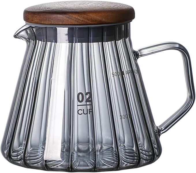 Elegant Wave Shaped Glass Creamer Coffee Milk Creamer Pitcher, Coffee Pot Serving Set with Handle and Wooden Lid-Clear Pot-20 OZ-W